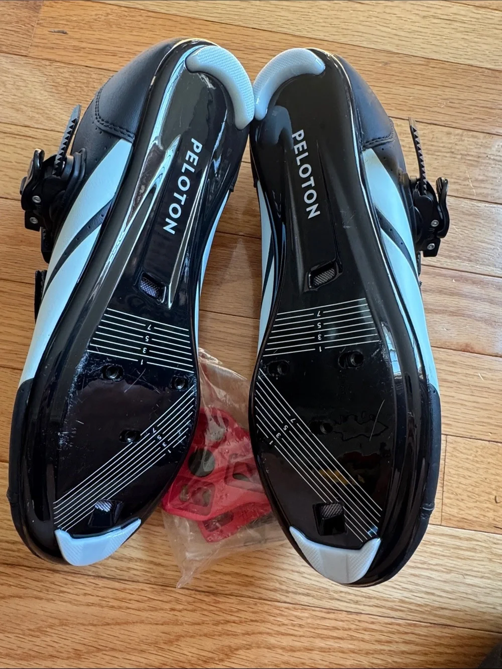 Peloton Black Cycling Shoes with Pink Lining and Light Blue Accents